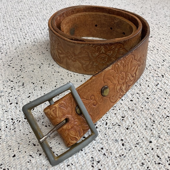 Antique Floral Embossed Light Brown Leather Belt with Pewter Buckle - Picture 2 of 4